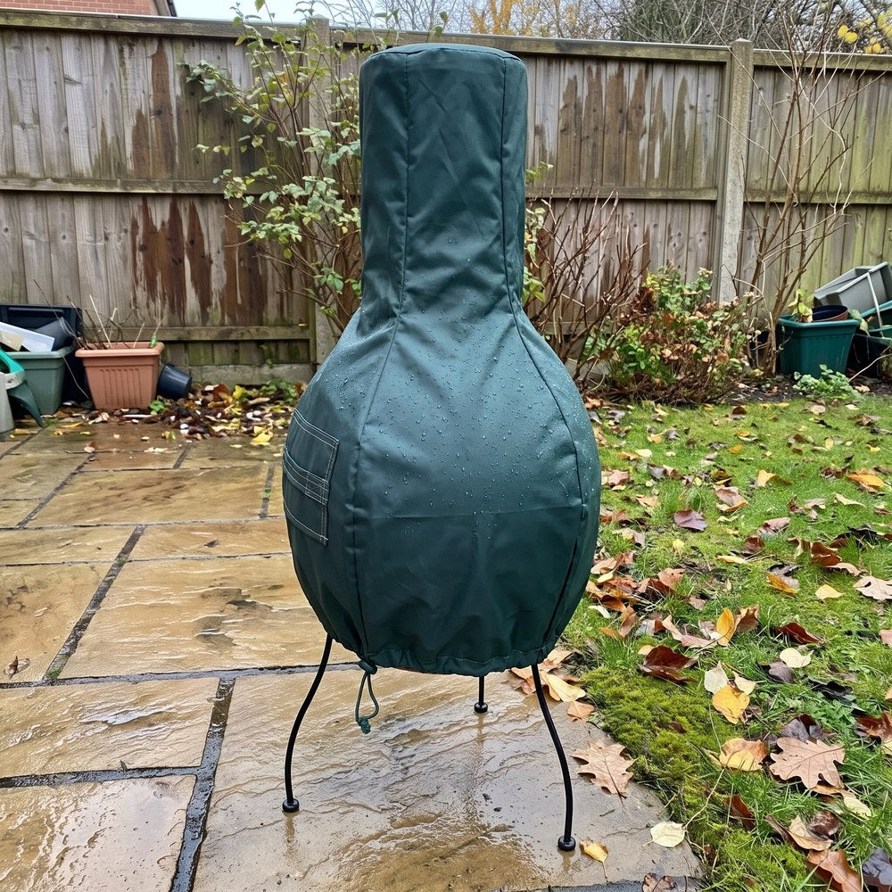 A dark green chiminea cover fitted over a clay chiminea on a wet stone patio in autumn