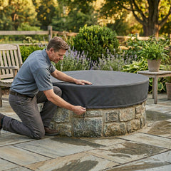 Custom fire pit cover fitted over an outdoor fire pit