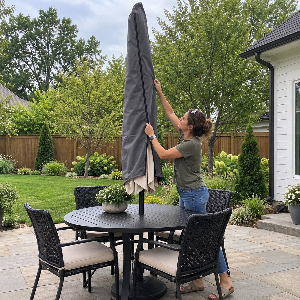 A woman fitting a made-to-measure charcoal parasol cover over a closed patio umbrella standing through a garden dining table