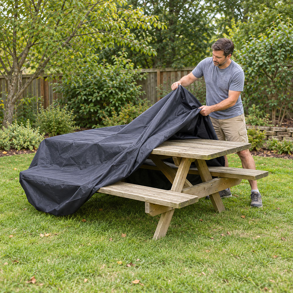 A man pulling a charcoal picnic table cover over a wooden picnic bench on a garden lawn, the cover going over the tabletop and both benches