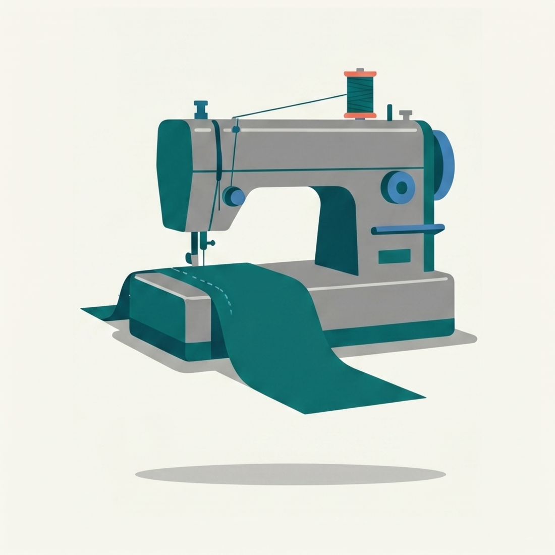 An industrial sewing machine stitching teal outdoor fabric