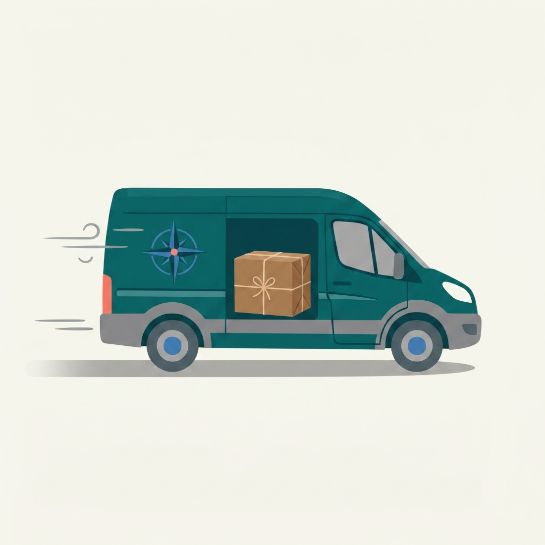 A delivery van in side profile carrying a wrapped parcel